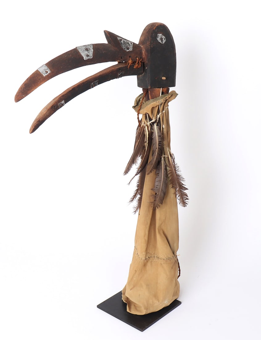 Bamana Sogo Bò Marionette Puppet, River Bird: 20th century Bala kono kun bird puppet for teaching ceremonies. Wood, pigment, metal applied details, tan cloth, feathers and articulate jaw. Size 27" H x 15 1/2" Wex-New York, New York collection, Ly