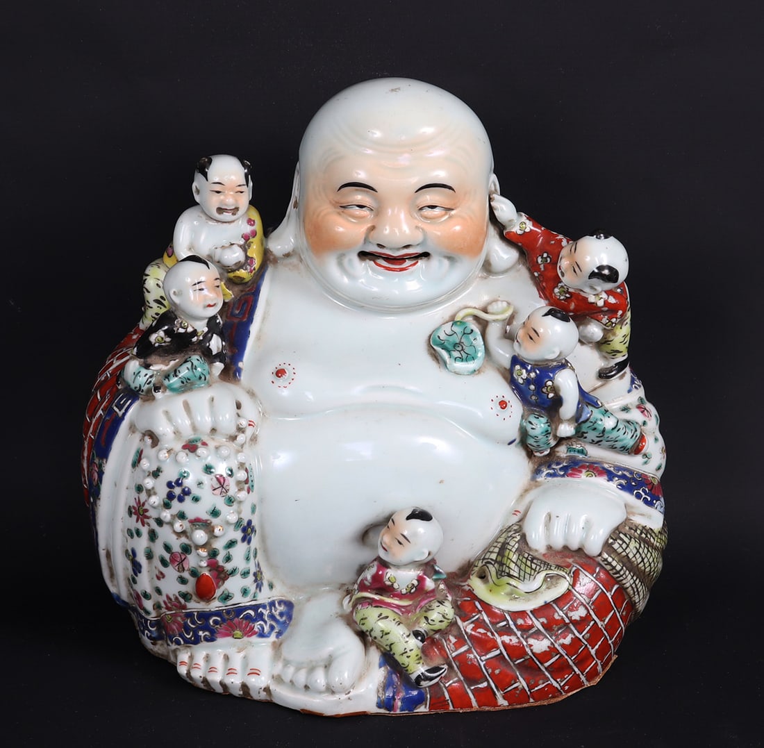 Old Chinese Porcelain Laughing Buddha w/ Children, Early Republic (1 of 10)