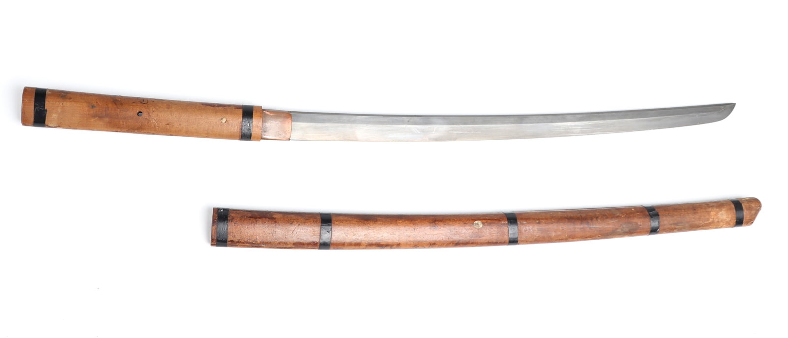 Old Japanese Shirasaya Sword: Heavy old Japanese Shirasaya sword also known as white scabbard which is a plain wood scabbard and hilt designed to keep the blade from corrosion during long term storage. (blade unpolished). Size 38 