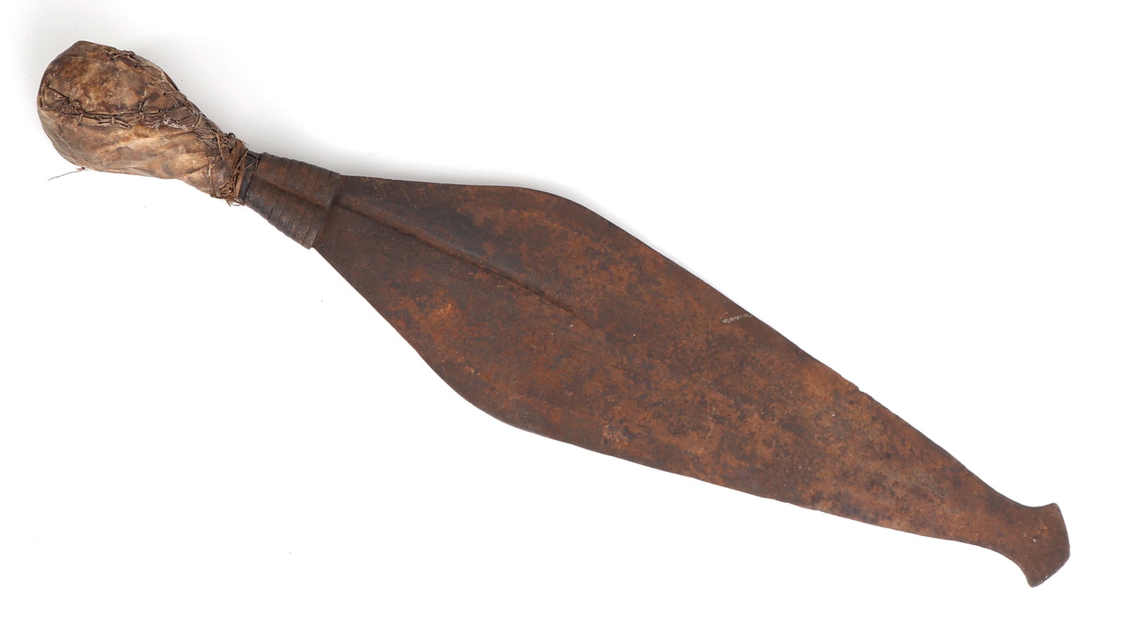 Congo or Ngombe Triangular Short Sword: Africa, Congo Region or Ngombe tribe short sword in a diamond shape, central fuller, incision throughout as decoration, a wide hammerhead like protrusion at tip for retention when used, the grip consi