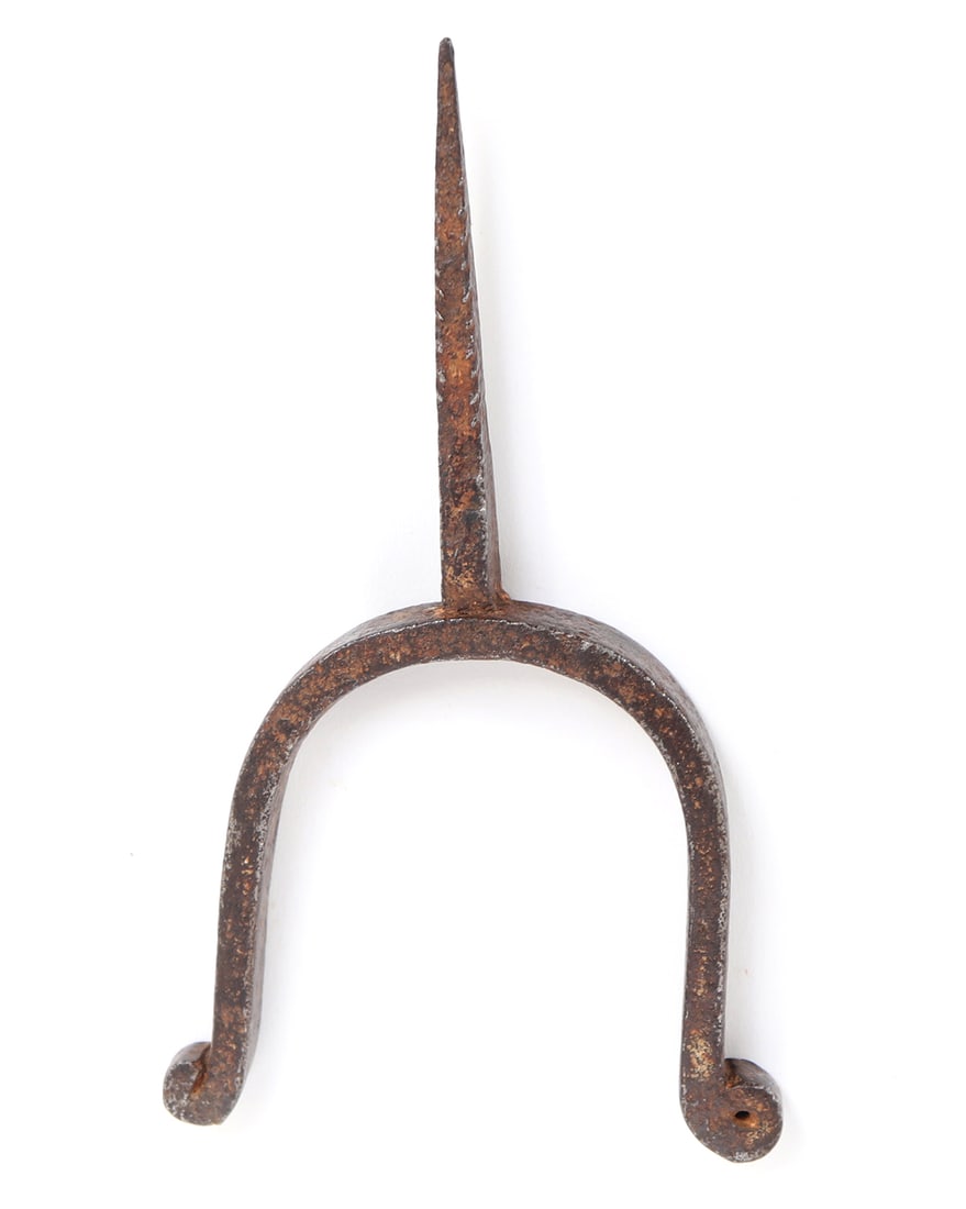 Rare 18th C. Spiked Spanish Colonial Iron Spur: Spanish Colonial spiked wrought iron spur attachment. 18th century. Size 7 1/8" H, 4" W