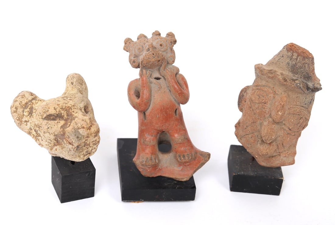 Three Hand Molded Pre-Columbian Maya Pottery Pieces: Late Classic Period, circa 600 to 900 AD. Expressive faces including a jaguar, zoomorphic figure and elaborately detailed human with headdress. Size 4 1/4" H ex-New York, New York collection, ex-S & V