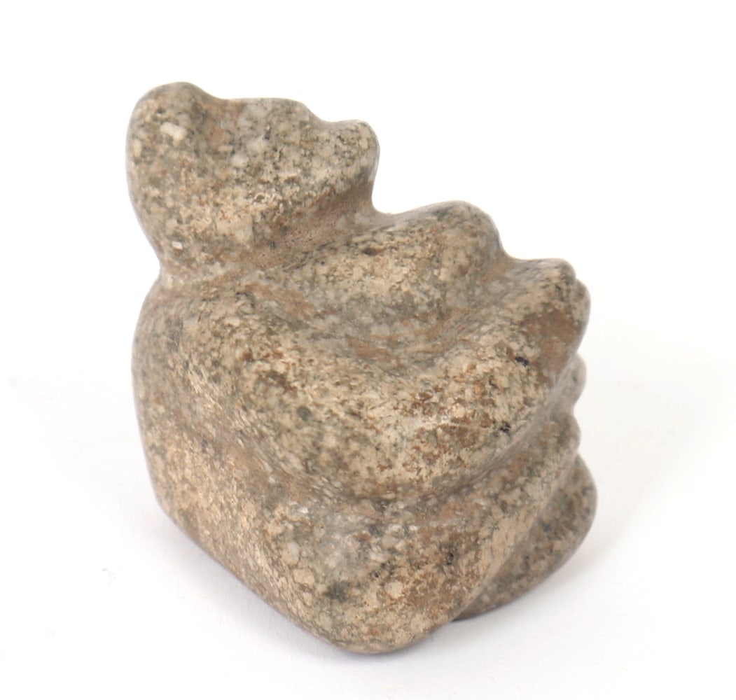 Mezcala Seated Stargazer 300 BCE - 100 CE: Pre-Columbian, Southern Mexico, Guerrero Mezcala culture, late formative period 300 BCE - 100 CE. Carved green andesite stone figure that has a mottled green and yellow. The Mezcala culture was an anc