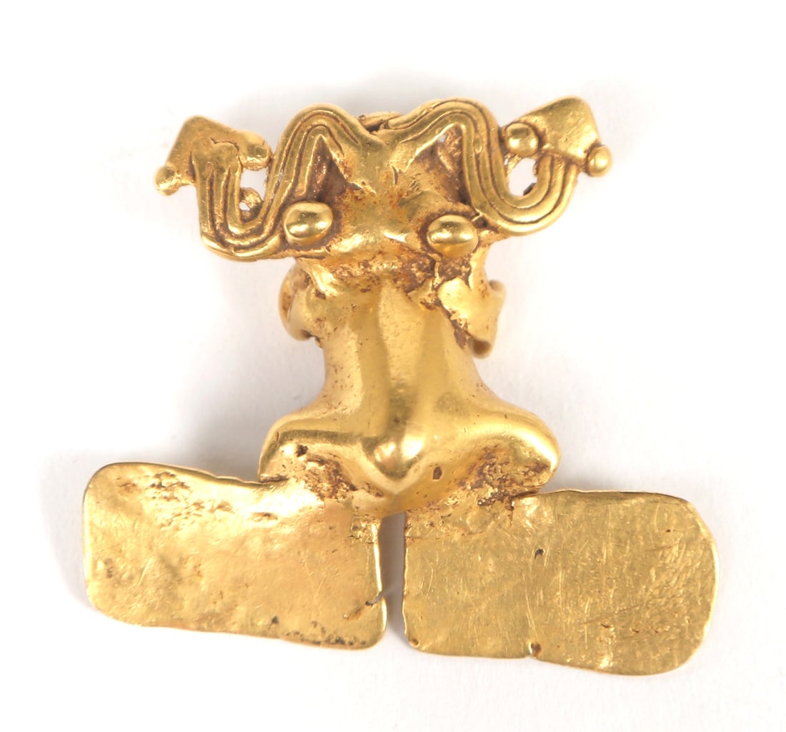 Pre-Columbian Frog & Double Headed Snake Pendant 38g, Costa Rica 1000-1500 CE: Pre-Columbian, Costa Rica 1000 CE-1500 CE. Gold pendant (38g, 22-24kt) depicting a frog with a double headed snake atop his head, arms of the frog downturned and the piece is pierced for suspension. D