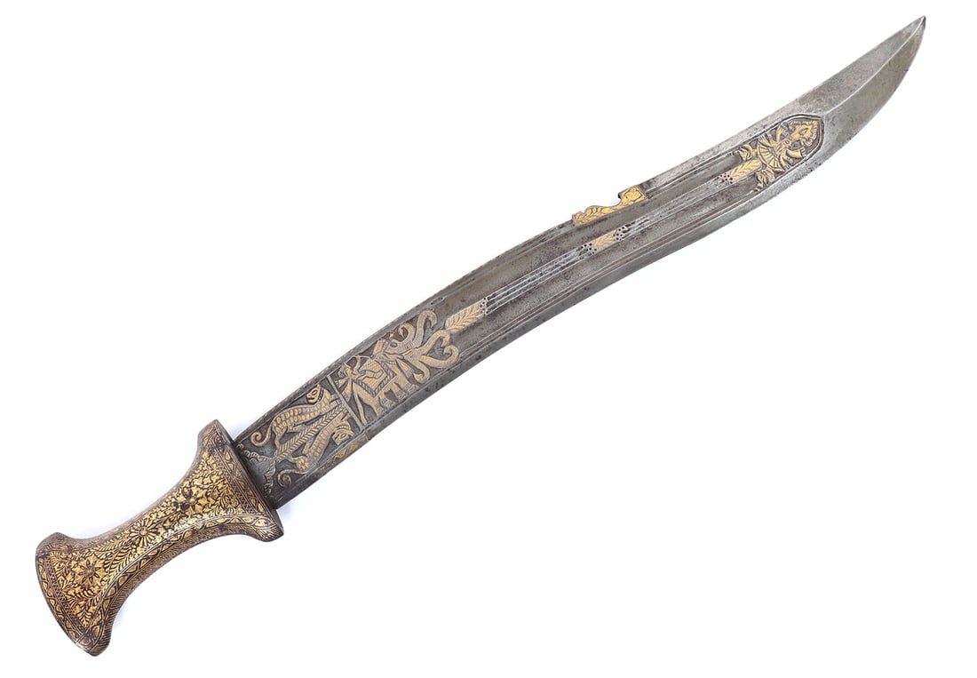 Koftgari Inlaid Indo-Persian Dagger: Indo-Persian dagger with gold inlaid decoration in the koftgari fashion with a traditional shaped handle richly decorated in scrolling patters, floral motifs, and two fish meeting on the top of the po