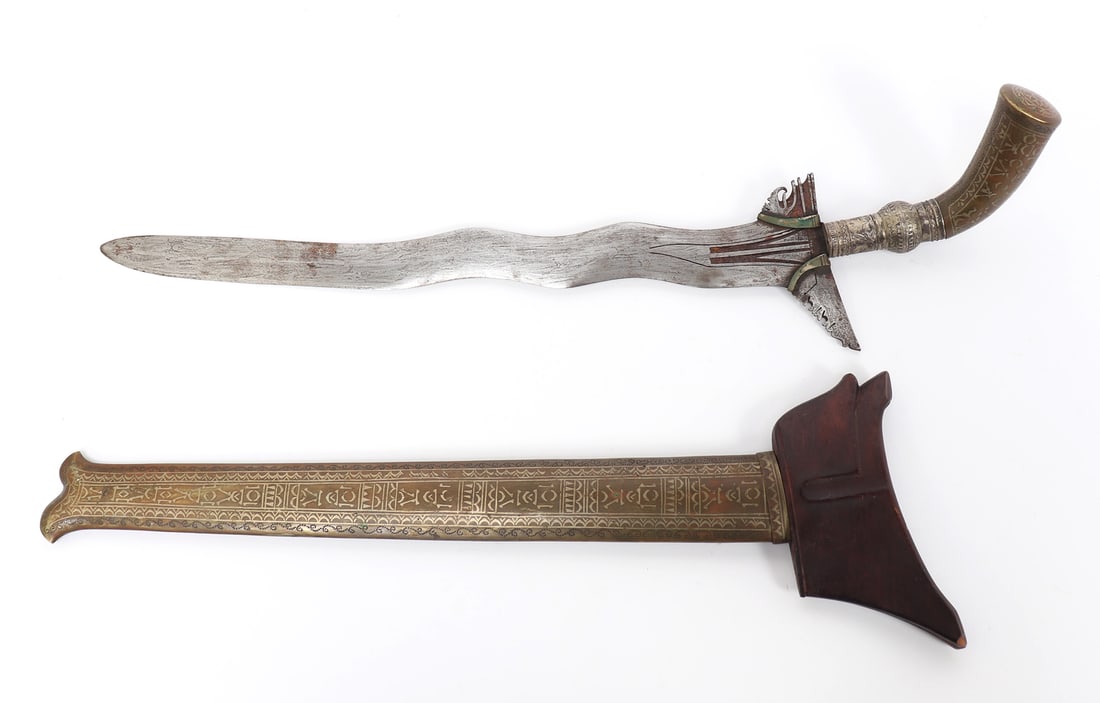 Heavy Wedding Kris Dagger w/ Scabbard: Very heavy all-steel construction kris dagger in the wedding style with a angled heavy copper handle inset with silver decoration and section of engraved or embossed copper below. The double-edge blad