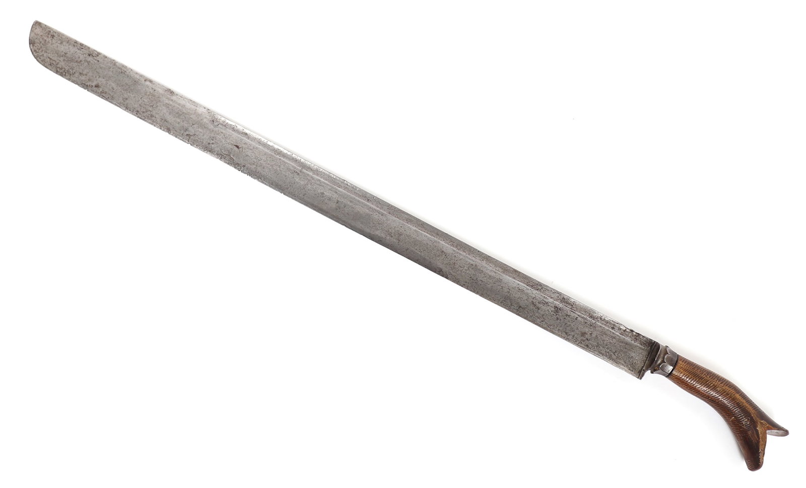 Sikin or Balato Fighting Straight Sword: Indonesia, Sumatra, Nias Antique "Sikin Panjang" or Balato straight sword with a long single edge blade, straight back, and upward curved tip. The handle carved with a split to the pommel in the "Hulu