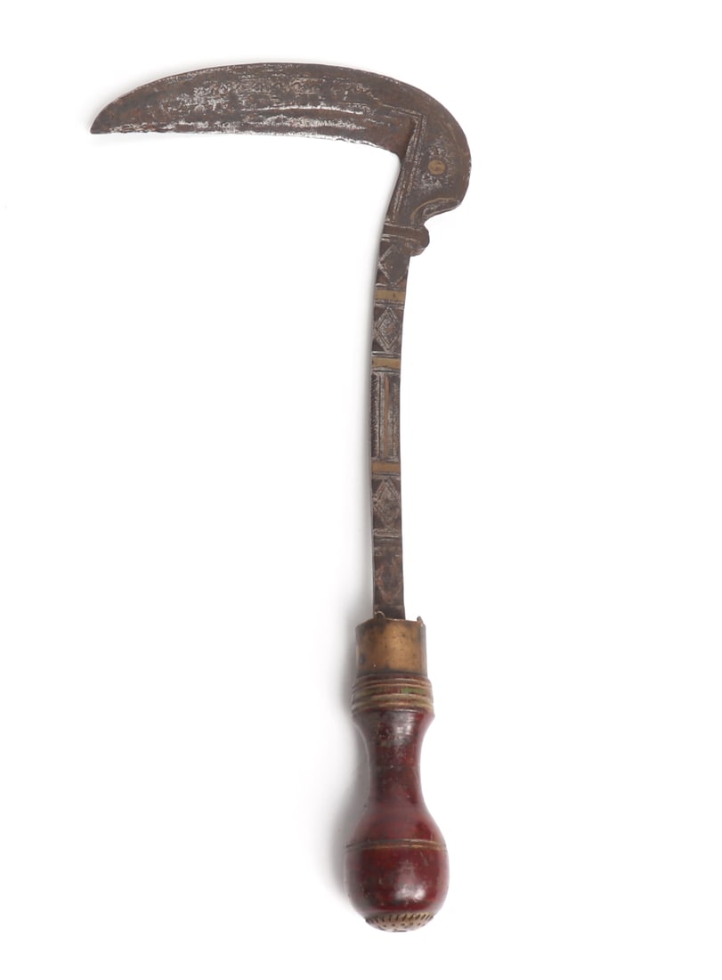 Forged Iron Afghan Lohar Sickle, 19th C.: Central Asia or South Asia, Afghanistan/Northwestern Pakistan, Pashtun Peoples 19th C. old Afghan sickle with heavily inlaid brass stem and blade forged as one piece with a thick spine and sharpened l