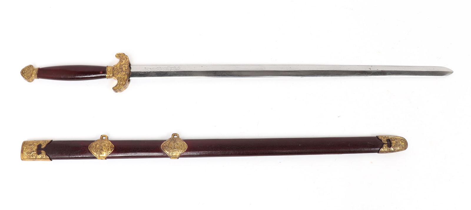 Chinese Long Sword with Scabbard: Chinese Qing Dynasty-style long sword with scabbard. Red painted scabbard with brightly gilt mounts. Straight double edged blade laminated steel blade with light dragon engraving. Size 40 3/4" L, blad