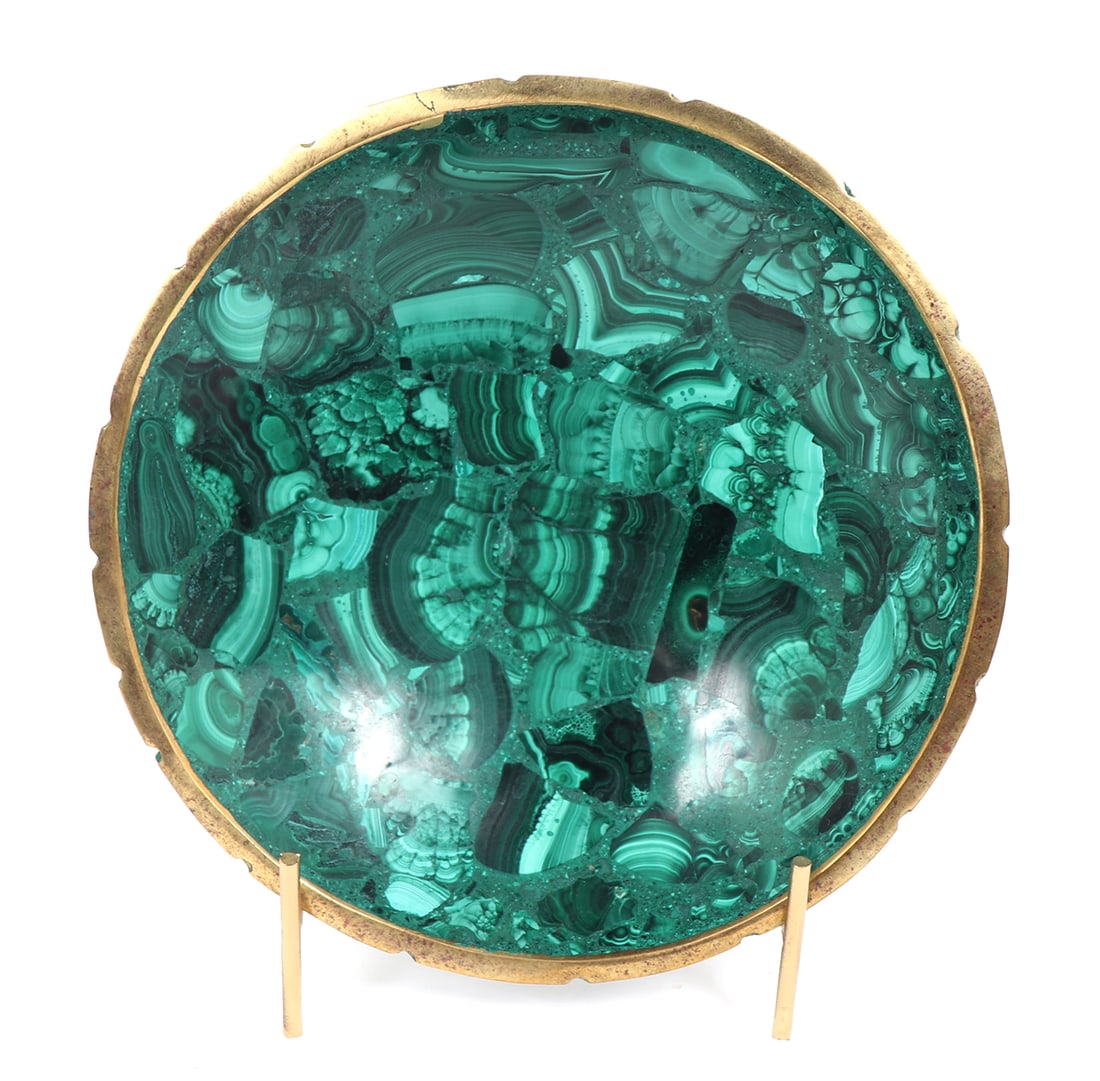 Gilt Gold Framed Malachite Bowl: Gorgeous malachite carved bowl with added gold scalloped framing to the rim. Concave bowl with slight pedestal raised foot. Great for display, or light use including daily used rings or keys. Size 7 1