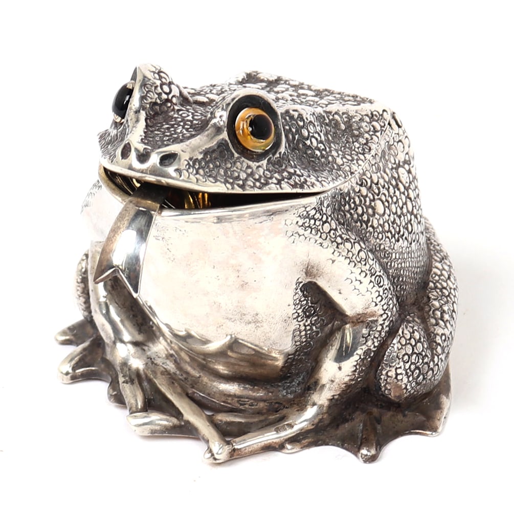 Sterling Silver Frog Sugar Bowl w/ Tongue Spoon: English or Russian in exceptional form of a large frog or toad with intricately detailed textured skin surface and glass eyes. The interior lined in a yellow 24kt coating and hallmarked to the exterio