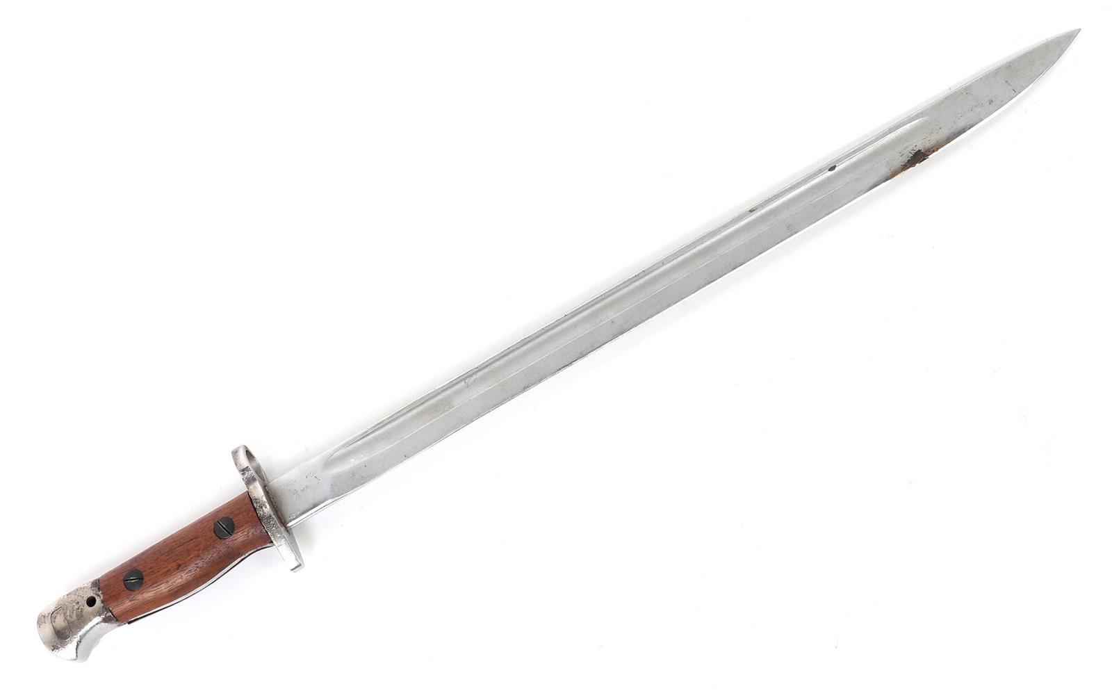 No. 7 British Enfield MKI Bayonet (1907): Great condition pattern 1907 British Royal Enfield bayonet with a brown set of grip, polished features and a long single edge blade with fuller. Marked to the ricasso 1907 under the crown and illegibl