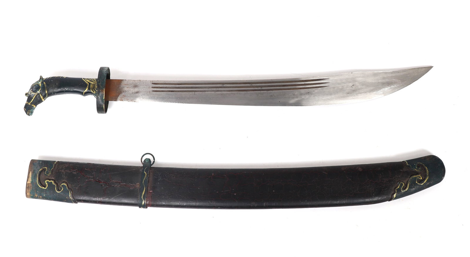 Chinese Dao w/ Horse Head Handle: Chinese Dao including scabbard with a horse head handle cast in brass. Blade of a wide form with a single edge and three fullers. Scabbard is leather wrapped with green colored brass mounts. Size 37 1