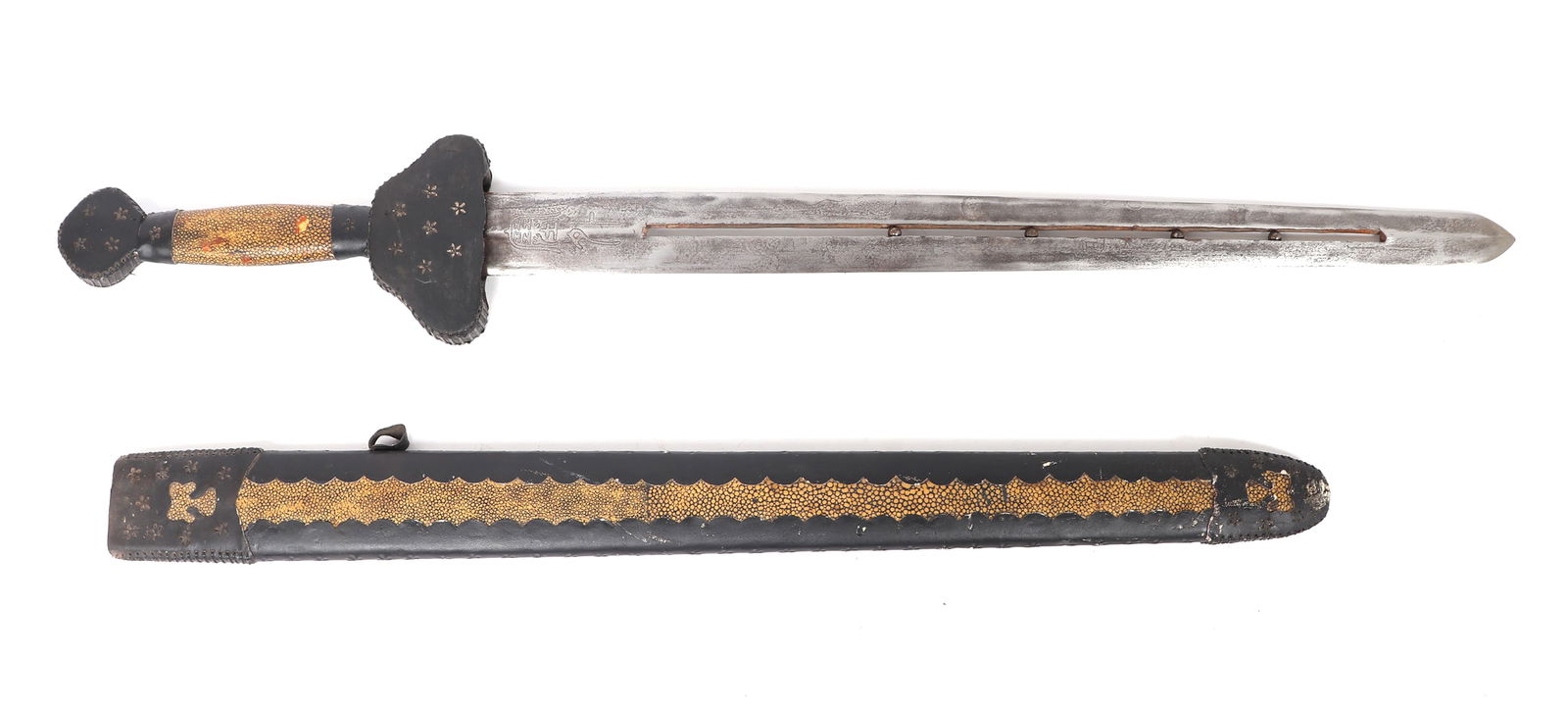 Chinese Sword w/ Inset Rollers: Chinese straight sword with leather wrapped scabbard, handle and guard encasing a painted yellow speckled wrap which is covering a wood base. The straight blade is double edge with etching to the rica