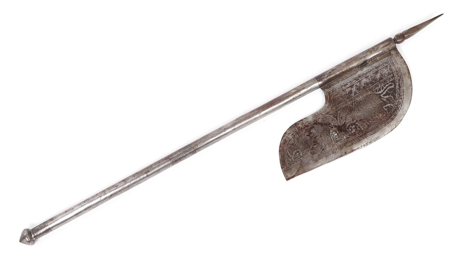 Indian All-Steel Battle Axe: Mughal empire style axe with a long downward sloping elephant trunk like blade. Four sided spike to top of the shaft, a long slender all-steel construction. Inlaid with scenes of tigers and animals in