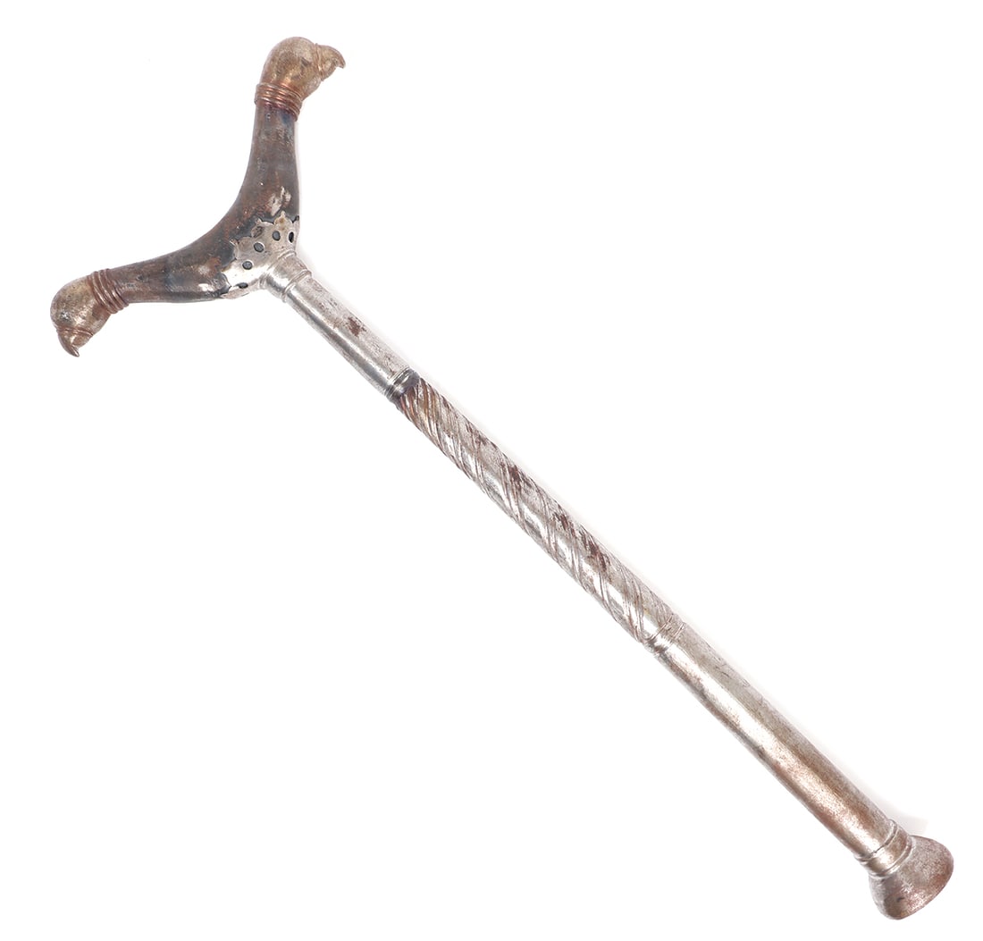 Ornate Indian Steel Crutch: Ornate Indian steel crutch with a all-steel shaft and brass double birds head finials top. Designed to support a heavy matchlock gun or wall gun. Size 17 1/2" L