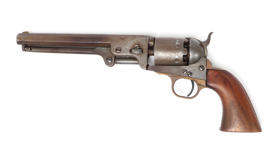 1851 Navy Colt Revolver Pistol .36 Cal: 1851 Colt Navy revolver pistol with octagonal .36 caliber barrel and navy engagement scene which is now worn. Serial number #116242. Brass grip frame probably replaced with later grips. Manufactured 1
