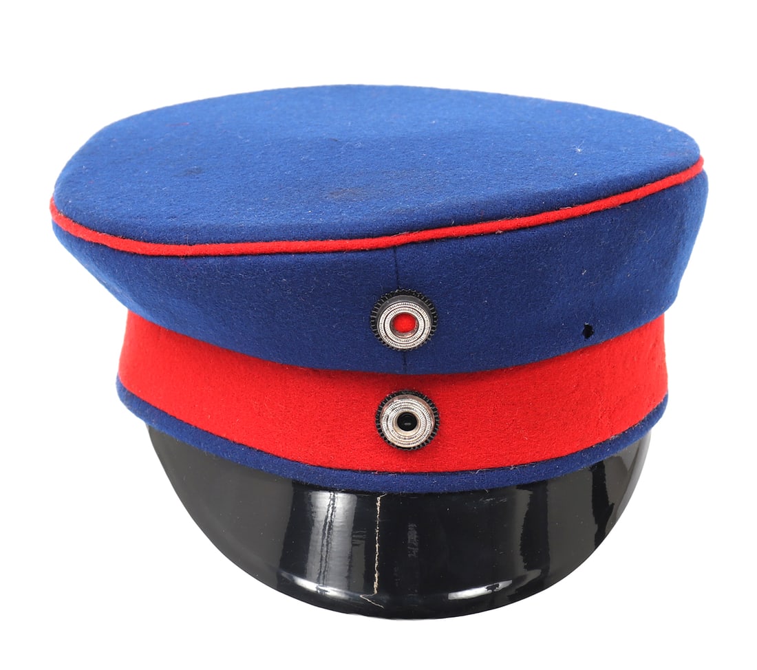 Pre-WWI Imperial German Visor Cap: Old example of a Pre-WWI Imperial German Officers cap with visor probably for an artillery officer known as Schirmmutze. 11" x 5" H