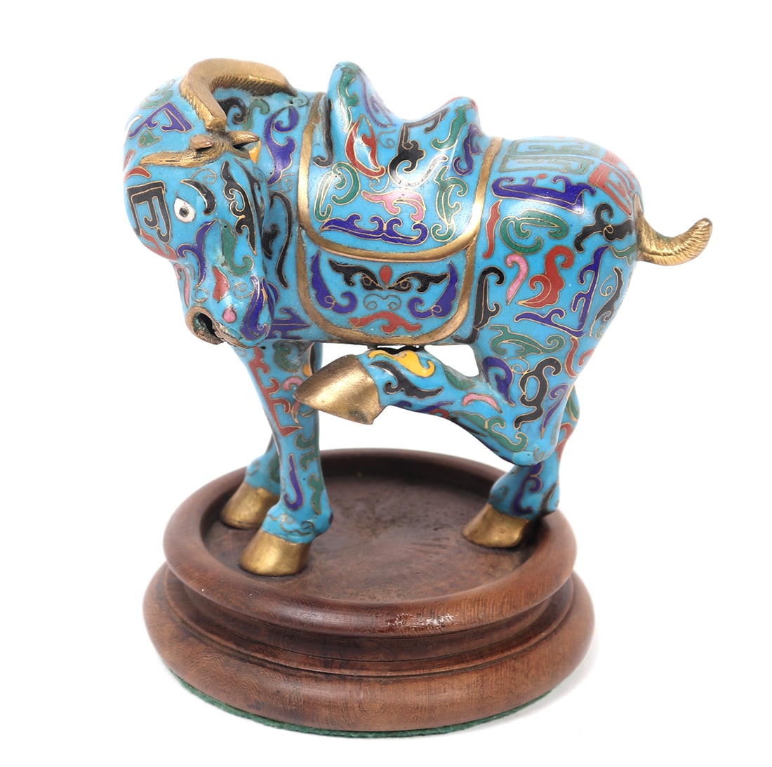 Fine Chinese Cloisonne Horse w/Custom Stand: Lovely Chinese blue ground cloisonne horse with lovely floral and leaf detailing throughout. Gilt hooves, main and tail. Mounted to custom wood base. Size 6" H x 4 1/8" W
