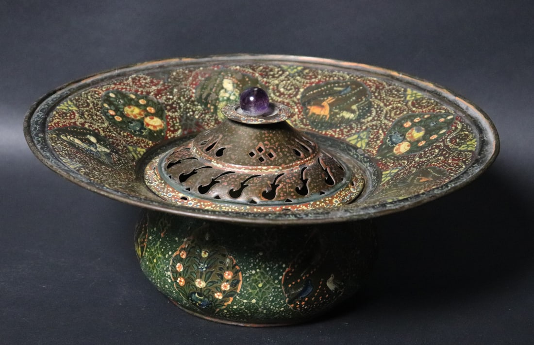 Persian Green Decorated Bowl w/ Lid: Persian green decorated bowl with lid. This unusual tray is pierced with a purple glass bead to center lid, raised broad boarders, painted over top and bottom with floral motifs. Bowl was likely used