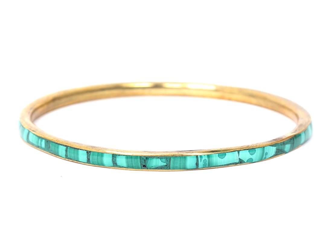 Beautiful Malachite Mosaic Bangle Bracelet: Beautiful thin banded malachite bangle bracelet, made from several perfectly cut and polished malachite mosaic pieces, mounted and set into a gold band. Size 2 1/2" W