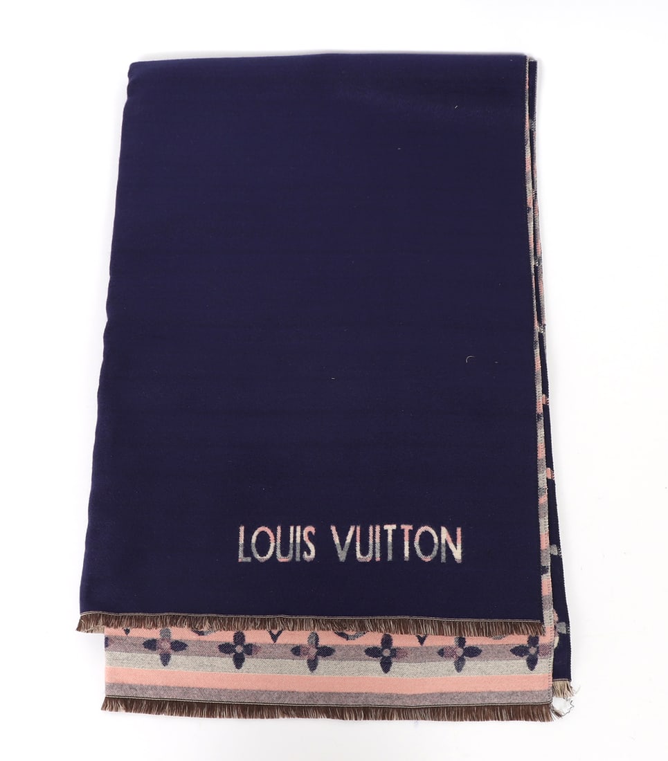 Beautiful Vintage Louis Vuitton Reversable Scarf: Navy blue with pink, grey and mint green coloring vintage Louis Vuitton scarf. This particular scarf is two feet wide making it a perfect shawl, and is made out of classic cashmere that is buttery sof
