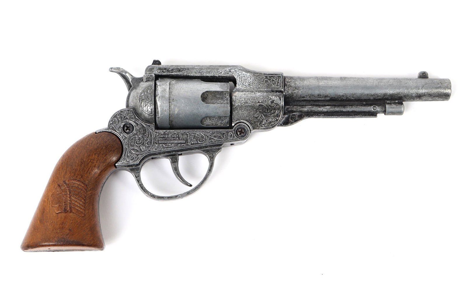 Old Vintage Boy's Toy Gun: Fine old cap gun for a boy with engraved pattern frame and Indian Chief marked grips. Manufactured in Italy for the American market. Size 9" L this is a cap/toy gun Old San Francisco Area Collection
