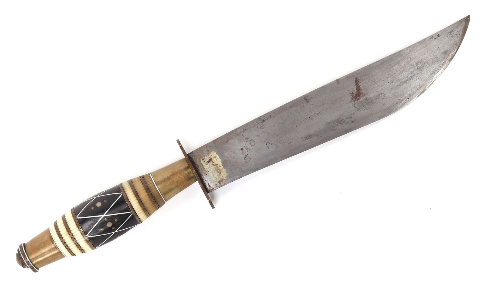 Spanish Colonial Dagger, Philippines Luzon: Philippines Archipelagos, Luzon province. Spanish Colonial dagger with a mosaic handle in layered bone and horn. Single edge blade with a flat back spine. Size overall 13 1/2" L blade 8 1/4" LEx-Calif