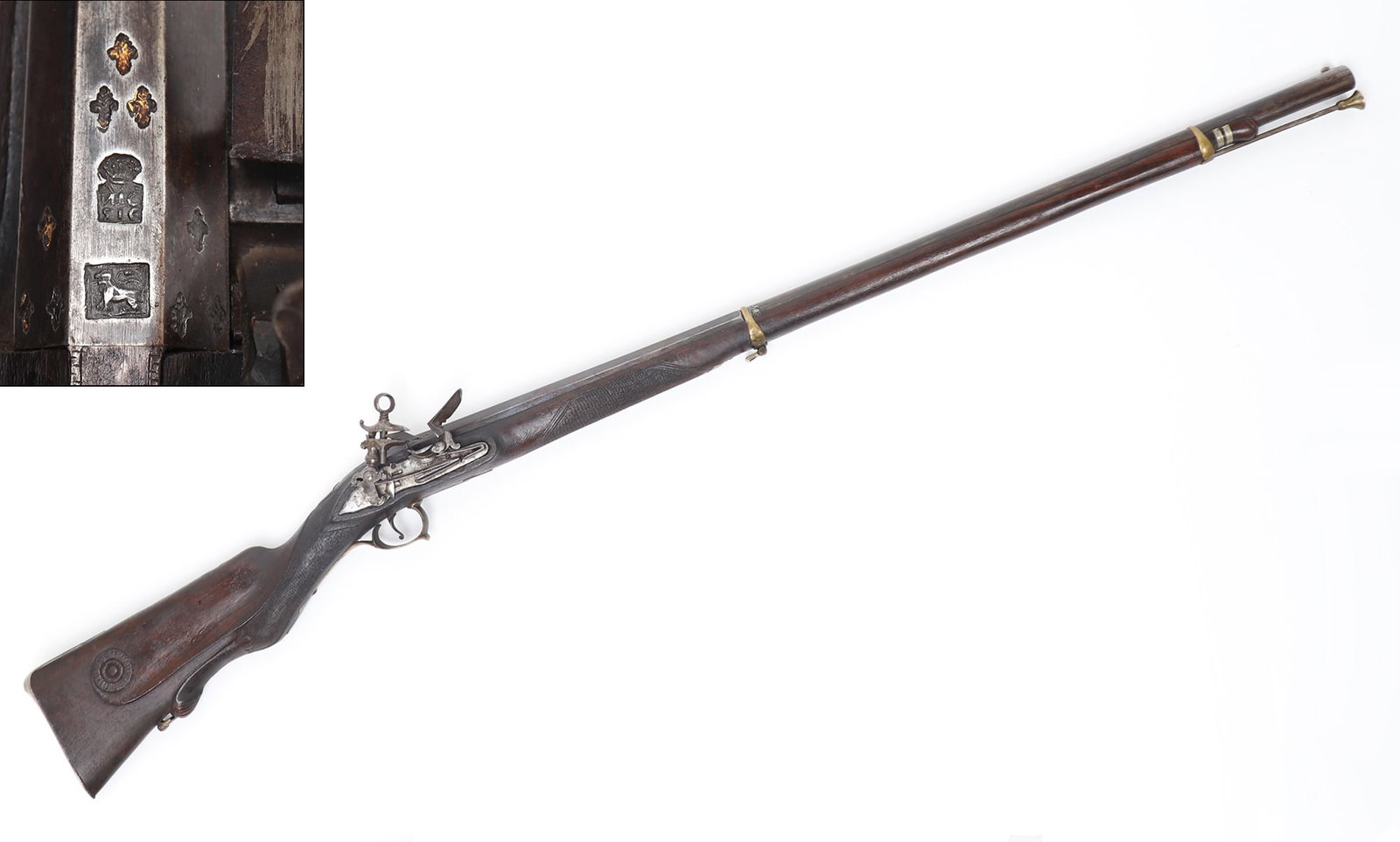 Spanish Miquelet Flintlock Rifle, Late-18th c.: Nice Spanish flintlock muzzle loading rifle with traditional Spanish detailing throughout. Octagonal to round barrel with original blue finish. Barrel marked with numerous proof marks and stamps inclu
