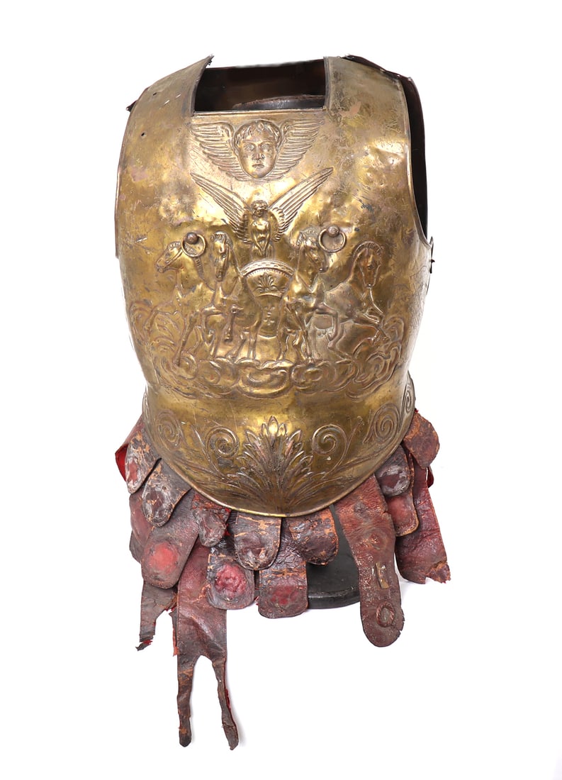 Embossed Roman Style Breastplate & Backplate: Beautifully embossed roman style breastplate & backplate. The breast and backplate in a brass with some riveted side and lower plates attached to strapped leather and velvet. Breastplate with a square