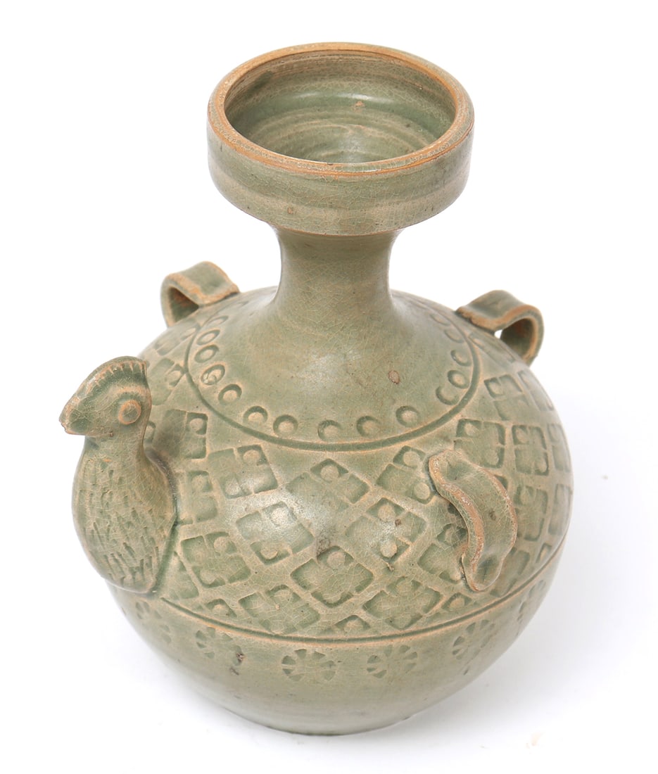 Early Chinese Caledon Chicken Head Flask: Jin Dynasty style Chinese celadon crackle glazed flask with a protruding chicken head. Three suspension rings, a slender narrow neck, and wide mouth opening. Floral and geometric banded designs throug