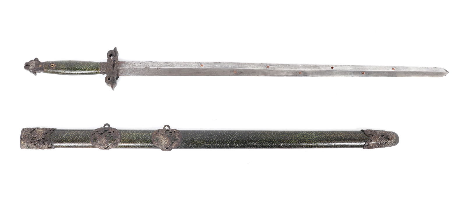 Chinese Delaminated Steel Straight Sword w/ Scabbard (1 of 11)