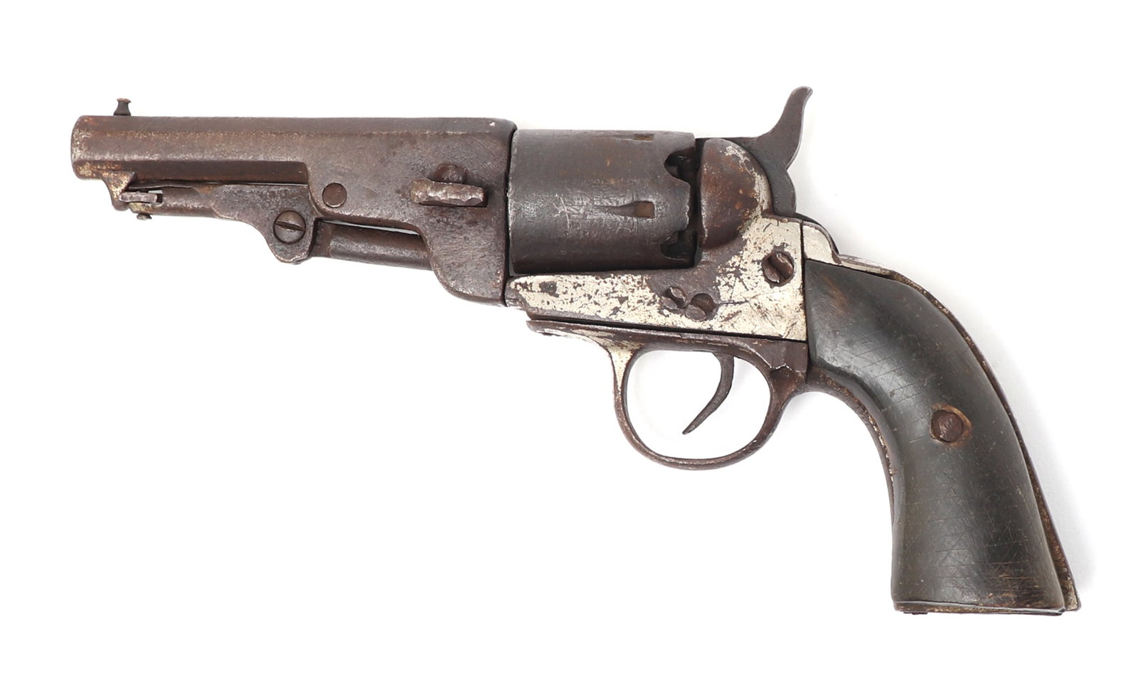 Antique Mexican Colt Revolver Pistol: Early Mexican Colt revolver with black grips and stub nose octagonal barrel. These unlicensed colts are produced in the fashion of the highly effective and popular manufacture in the US. These were fa