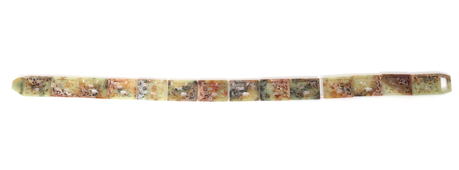 Finely Detailed Chinese Jade Belt, Repeating Dragons: Marbled Chinese jade Chinese belt made of fourteen individual carved and pierced jade plates. Built in hook and carefully string together with a thin thread. Size 32" L x 1 1/2" W