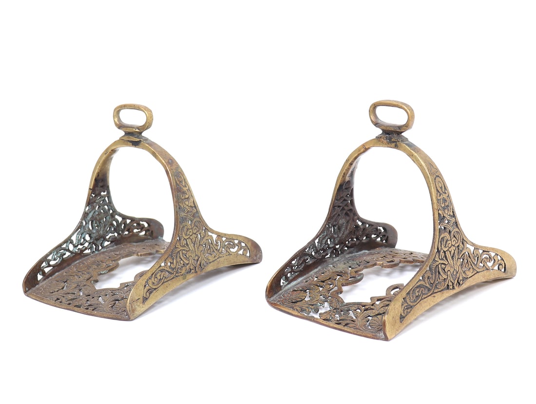 Ottoman Pierced Brass Stirrups, 17th-18th c. Style: Ornate pair of Ottoman pierced brass openwork stirrups in the 17th - 18th century style. Size 6 1/4" L, 5 3/4" H, 4 3/8" W