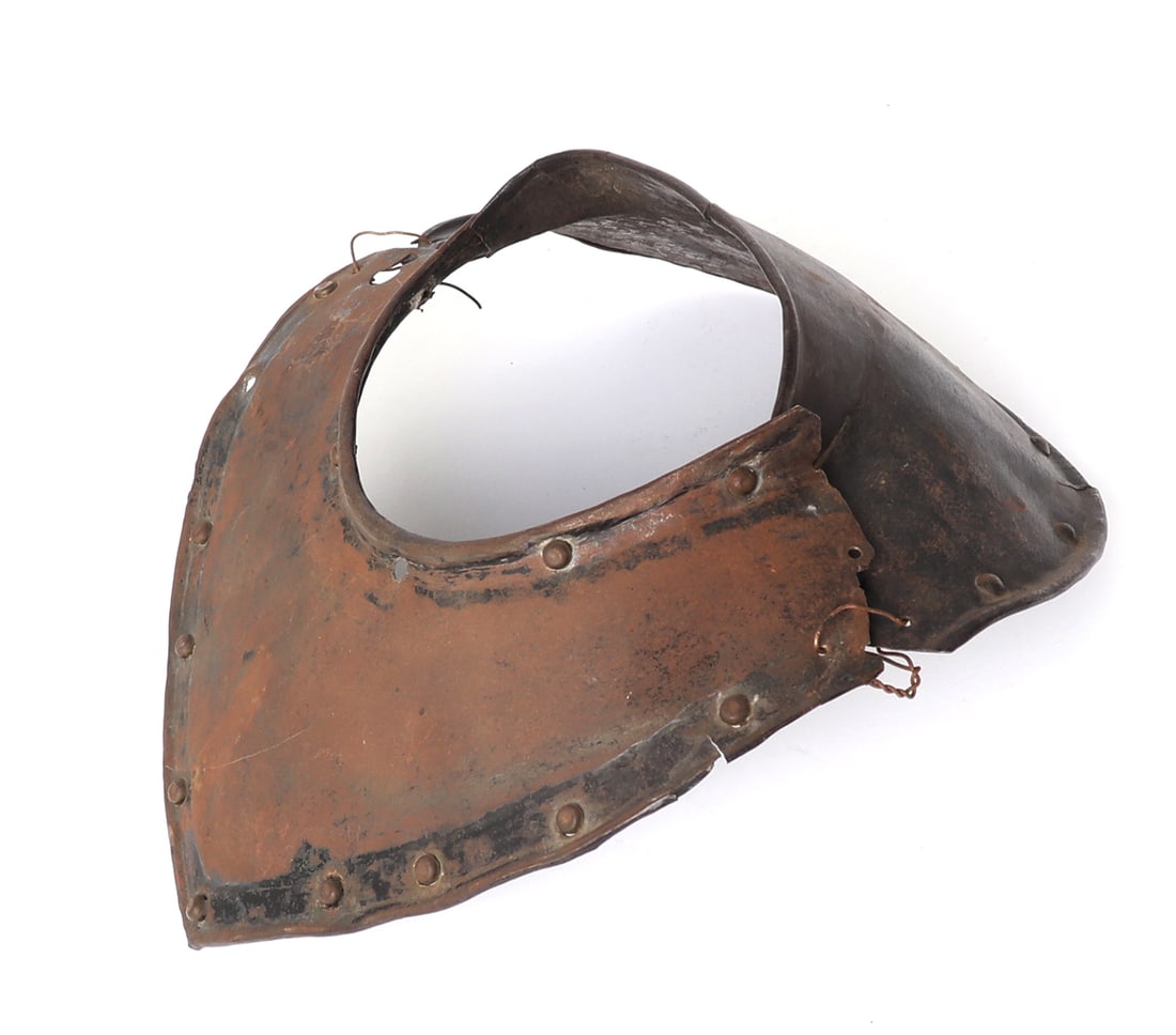 Black & White Composed Armour Gorget, 17th c. and later: Old black and white armour gorget or collar 17th century and later with the front plate later that terminates to a point with later rivets in brass some missing. Rear plate of the period with hand ham