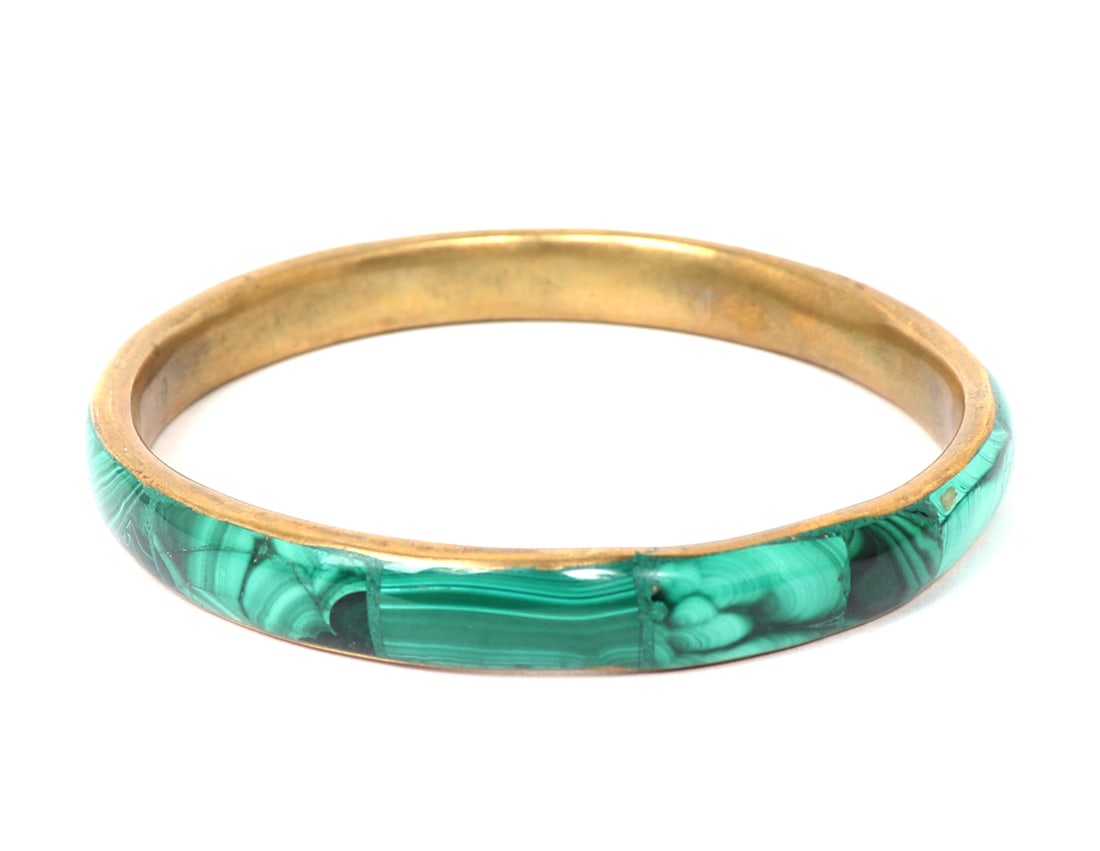 Gorgeous Malachite Mosaic Bangle Bracelet: Beautiful natural malachite mosaic sections, including bull's eye and bubbly or brain malachite sections throughout, set in a gold band. Size 2 3/4" W
