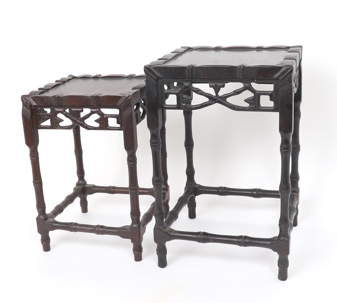 Chinese Wood Bamboo Style Stands: Pair of Chinese bamboo style wood stands or small side tables. Each with beautiful open work detail and flared edges. Each would make for perfect plant stands, or displays. Size larger 14" H x 9 3/4" 