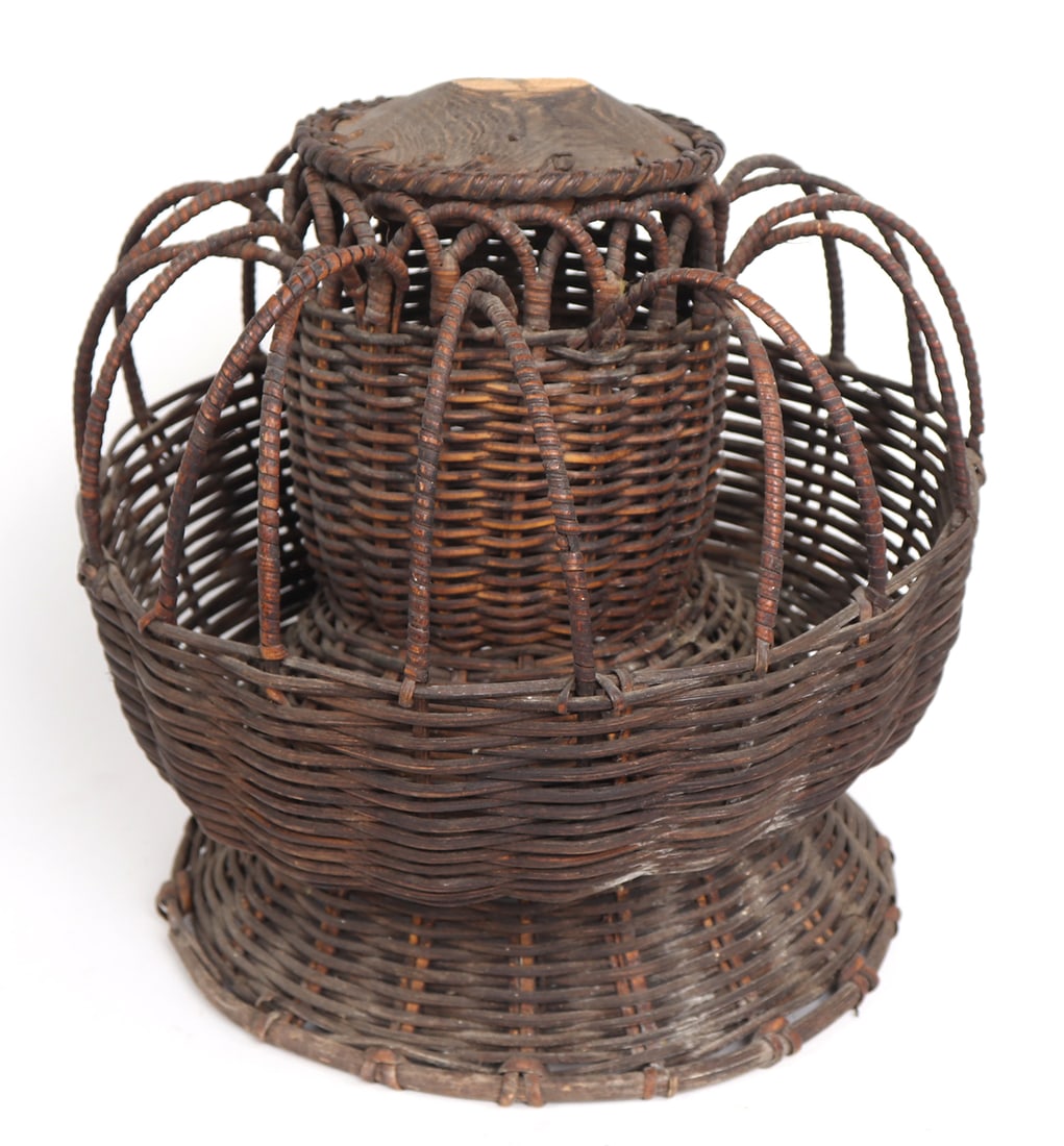 Antique Filipino Tobacco Carrier: Rattan and bamboo tobacco carrier, with internal covered storage. Several arches act as a cage to keep the freshly harvested tobacco inside, the smaller pieces would be held inside. Size 11 1/2" W x 1