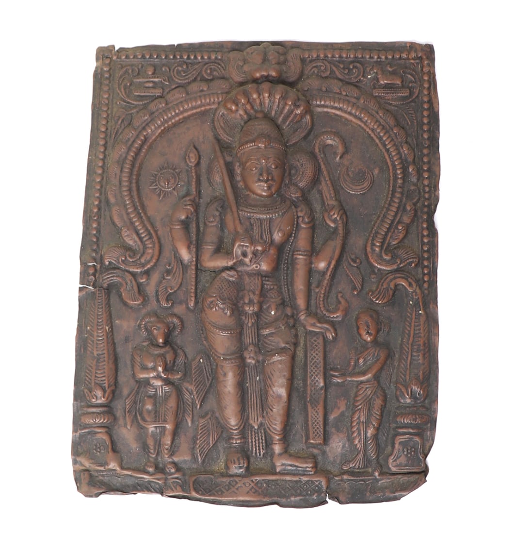 Tibetan Copper Repousse Plaque: Tibetan copper plaque with Shiva depicted in the warrior form of Virbhadra and attended by Daska and Sati. Size 6 1/4" H x 5" Wex-Private California collector, Authenticity Guaranteed by Scollard Auct