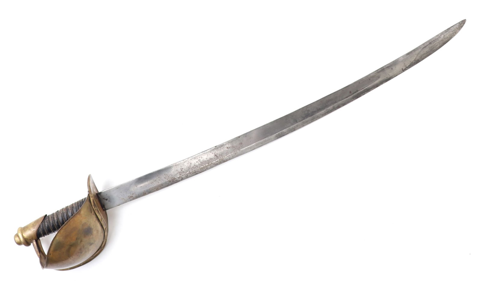 US Model 1860 Navy Cutlass Sword: US Model 1860 Navy Cutlass sword. Slightly curved single edge blade with wide shallow fuller. Ricasso marked - U.S.N.,DR 1862 - and the reverse partially illegible reads - made, AMES, Chicop. Mass. Gi