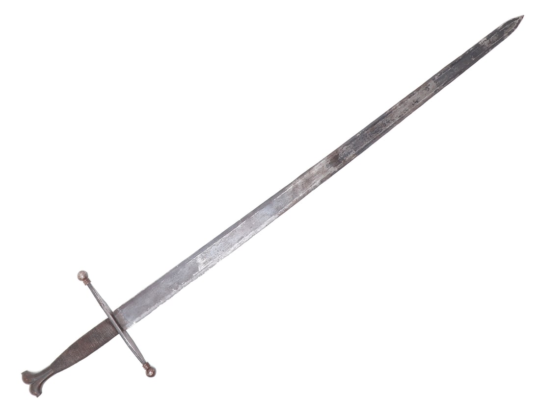 Hand and a Half Sword, 16th c. Style: Fine Victorian style sword in the manner of a European hand and a half sword circa mid 16th century. Double edged blade tapered to a point. Straight quillion steel crossguard with added turned steel f