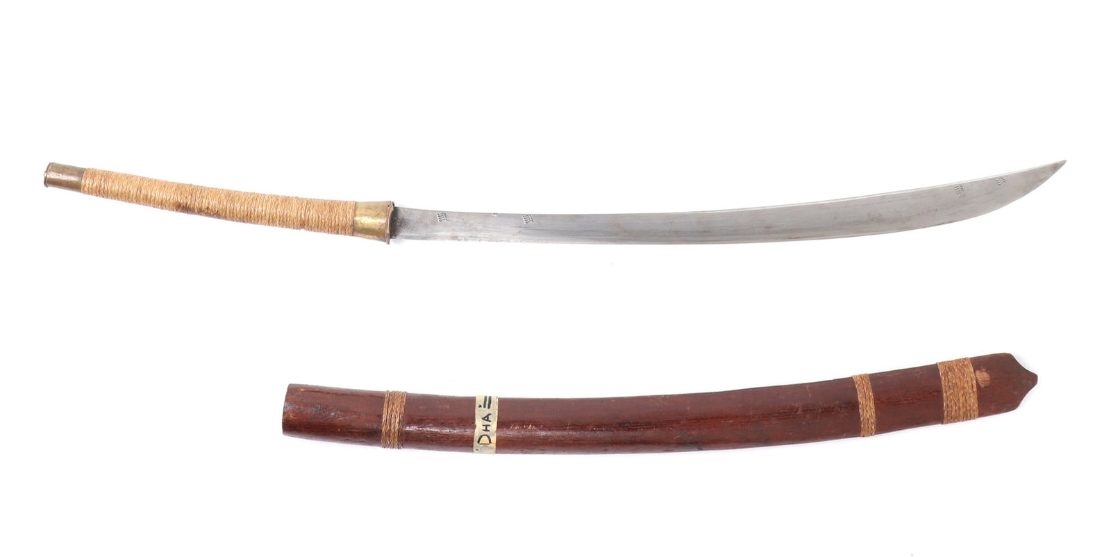 Burmese DHA Sword with Scabbard: Southeast Asia, Myanmar, Burmese DHA IWE sword with scabbard. Thick single edge blade with inset brass and incised linear details. Gradually widening towards the forward section with a sharply termina