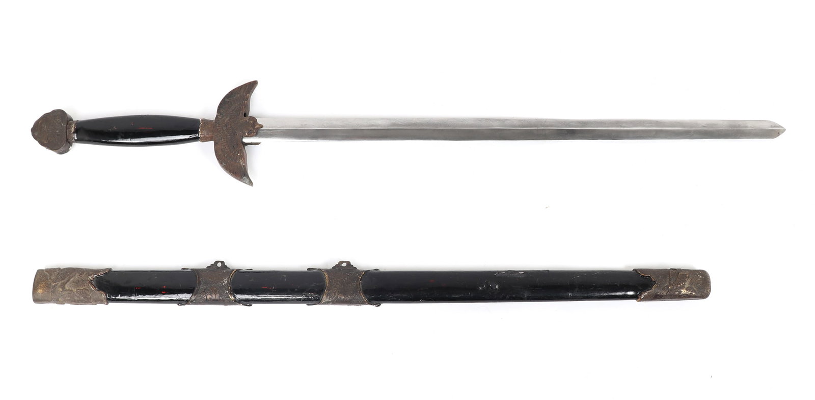 Chinese Jian Straight Sword with Scabbard: Chinese Jian straight sword with scabbard and Damascus steel blade visibly delaminated with a double edge and raised central ridge that has no fuller. The scabbard, grip and pommel in cast brass or co