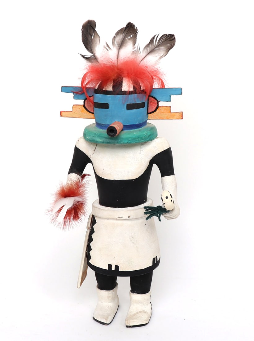 Native American Brightly Painted Kachina Doll: Wonderful tall Native American Kachina doll, standing with feathers in one hand and a club or drum beater in the other. Elaborate headdress with colorful feathers and protruding ears. Size 17" H x 7 1