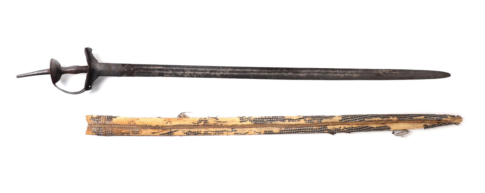Indian Khanda Sword w/ Scabbard: India, Early khanda sword with scabbard, likely 18th century. Single edge blade with two shallow fuller. Basket form guard with a single wide bar over the grip and pointed pommel. Light chiseling to t