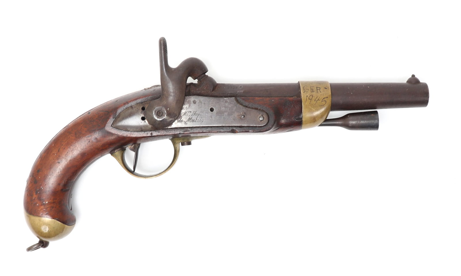 Historical French 1822 Pistol, Removed by "Big Red One" WWII 1945: French model 1822 percussion pistol converted from flintlock. Covered in original proof marks to screws with brass trim, wood stock and steel mounts to all sides. Brass barrel band engraved (GER - 194