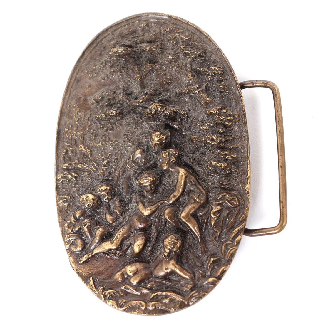 Nudes in Woods, Bergamot Brass Work Buckle: Americana Bergamot Brass Works belt buckles are sought after for their high quality craftsmanship and unique details. Circa 1970s, stamped to the reverse and numbered with belt tip missing. Based in D