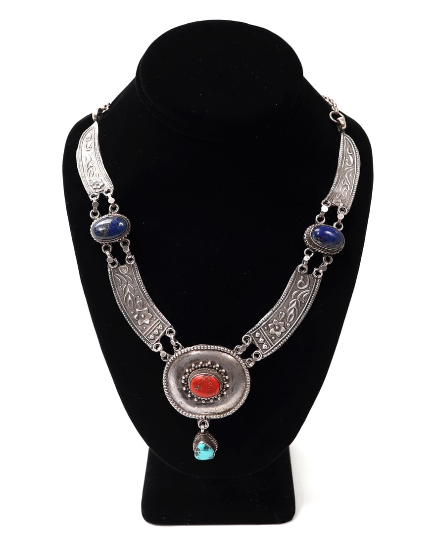 Gorgeous Sterling Silver, Lapis Lazuli, Coral & Turquoise Necklace (1 of 7)