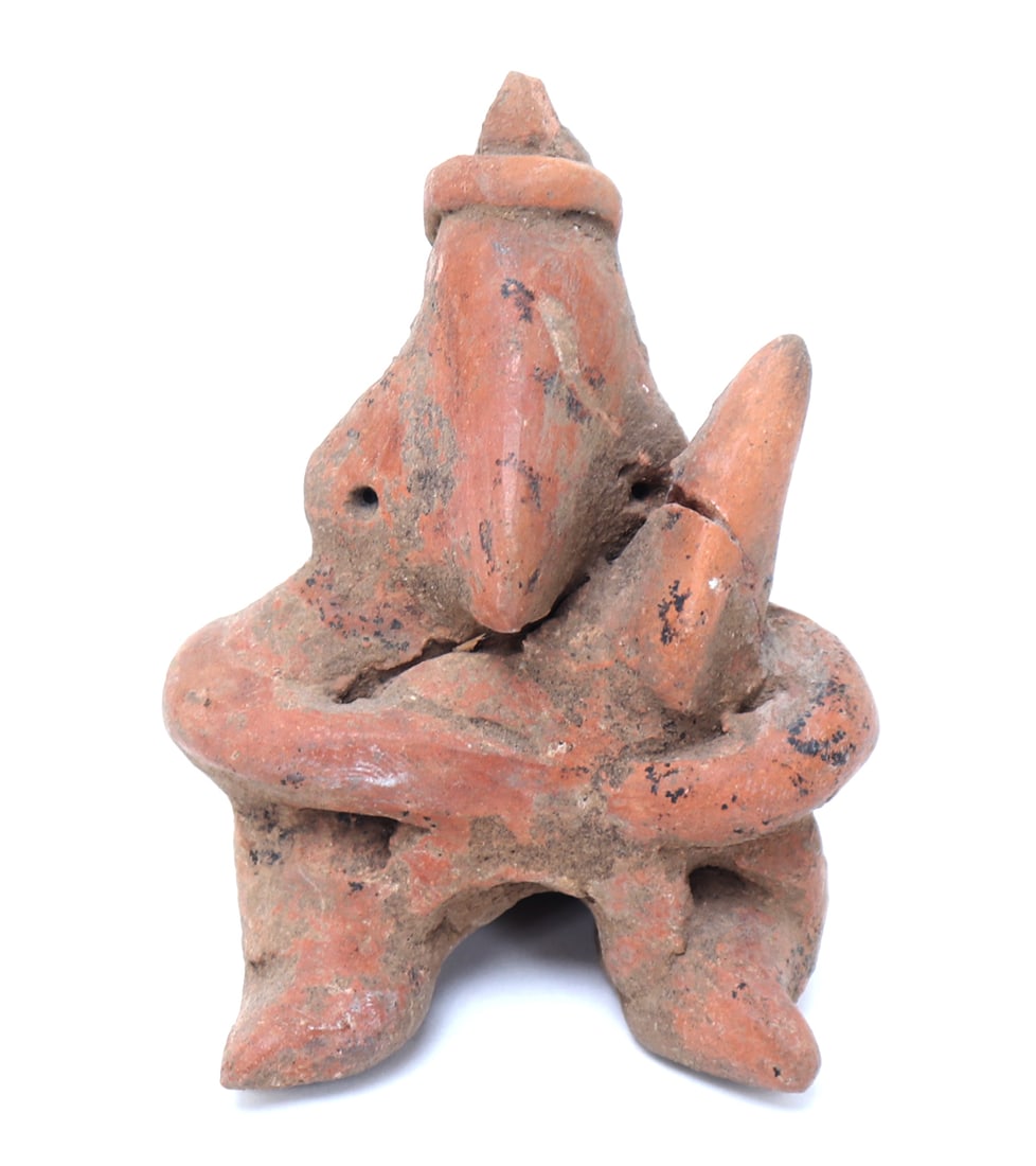 Colima Pottery Mother & Child Figure, 300BCE-300CE: Pre-Columbian, West Mexico, Colima, 300 BCE - 300 CE. Cute mother and child gingerbread figures in the seated position with the mother holding her infant child. Redware clay with manganese deposits. P